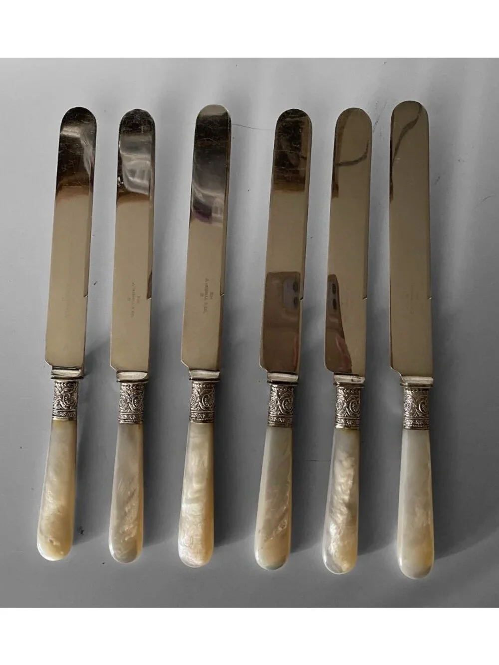Set of 6 Antique J Russell & Co Mother of Pearl Handle Luncheon Knives 1834